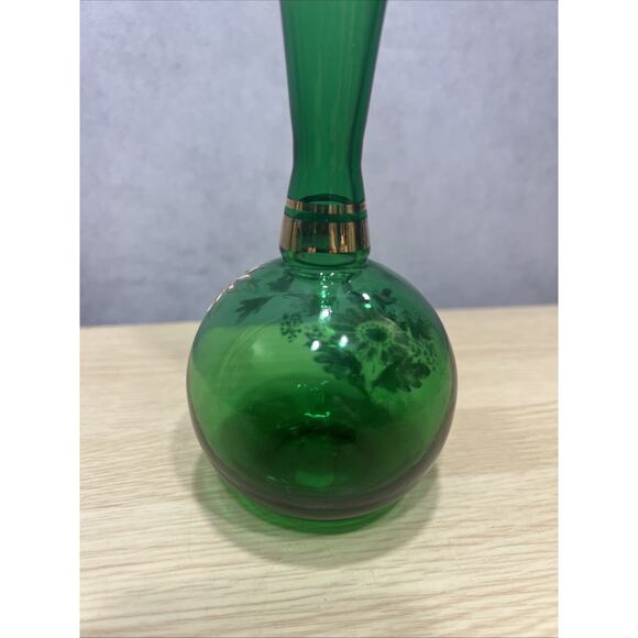 Bohemian Czech Glass Bud Vase Green Gold Trim Hand Painted Raised flowers 8" - Picture 3 of 8